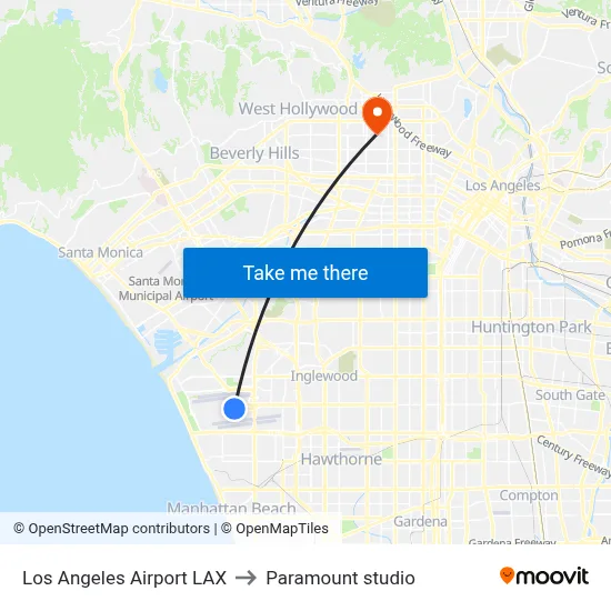 Los Angeles Airport LAX to Paramount studio map