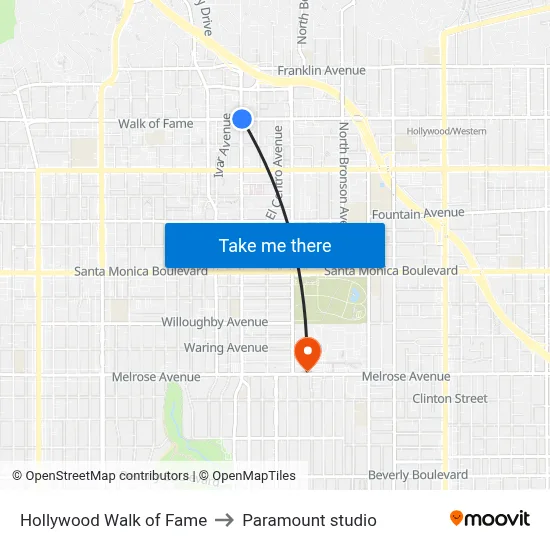 Hollywood Walk of Fame to Paramount studio map