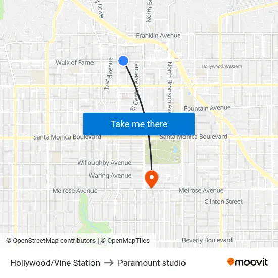 Hollywood/Vine Station to Paramount studio map