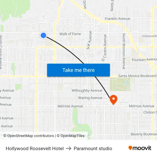 Hollywood Roosevelt Hotel to Paramount studio map