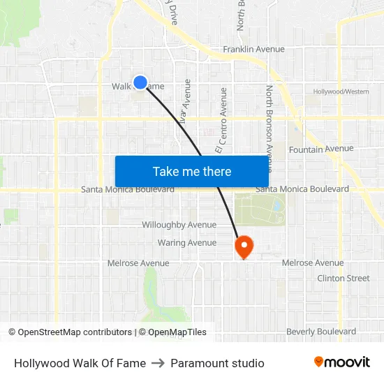 Hollywood Walk Of Fame to Paramount studio map
