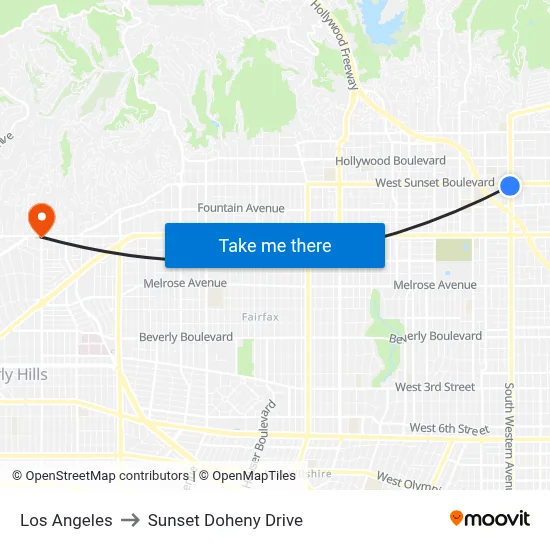 Los Angeles to Sunset Doheny Drive map