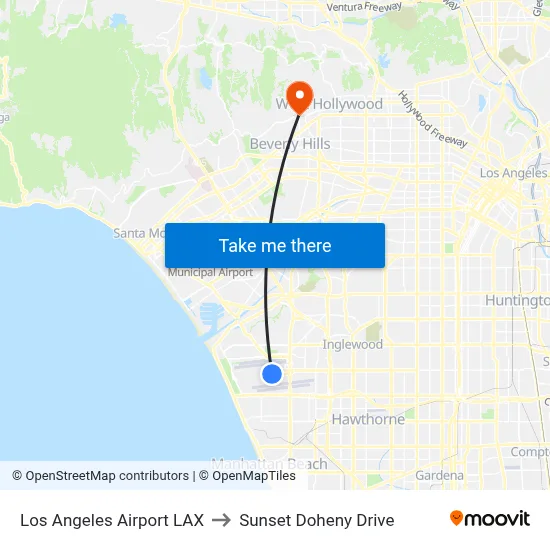 Los Angeles Airport LAX to Sunset Doheny Drive map