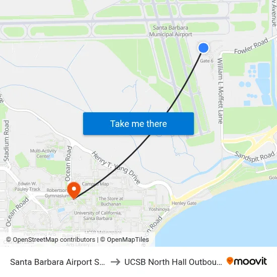 Santa Barbara Airport SBA to UCSB North Hall Outbound map