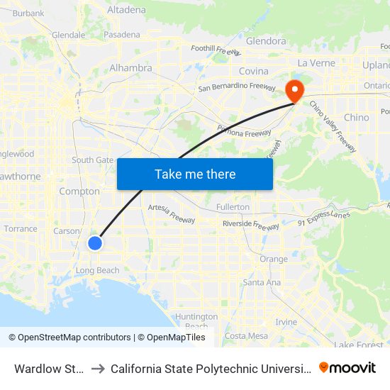 Wardlow Station to California State Polytechnic University, Pomona map