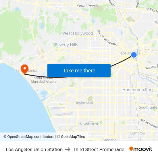 Los Angeles Union Station to Third Street Promenade map