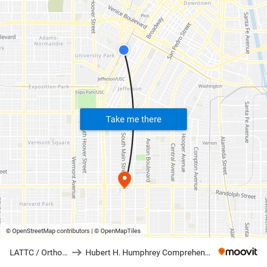 LATTC / Ortho Institute to Hubert H. Humphrey Comprehensive Health Center map