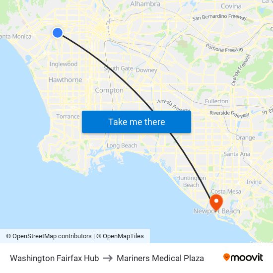 Washington Fairfax Hub to Mariners Medical Plaza map