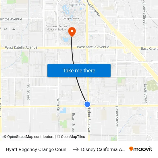 Hyatt Regency Orange County Anaheim to Disney California Adventure map