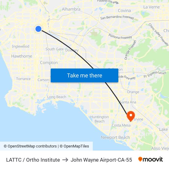 LATTC / Ortho Institute to John Wayne Airport-CA-55 map