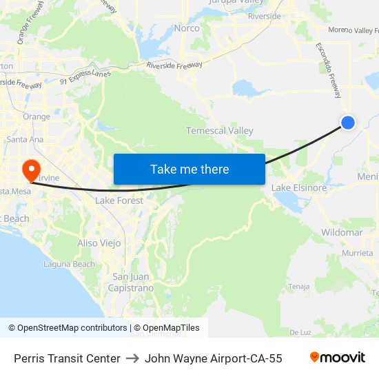 Perris Transit Center to John Wayne Airport-CA-55 map