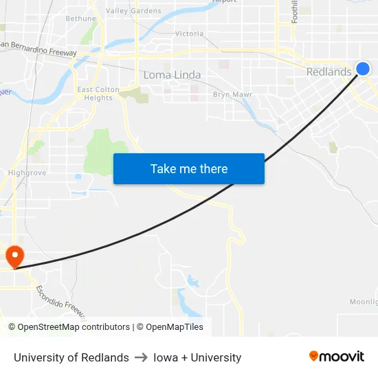 University of Redlands to Iowa + University map