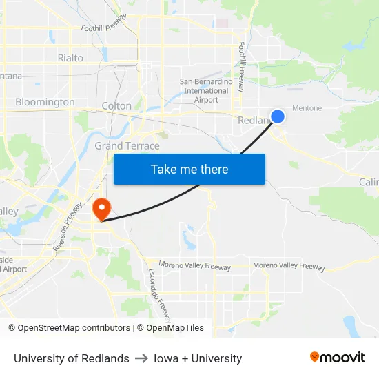 University of Redlands to Iowa + University map