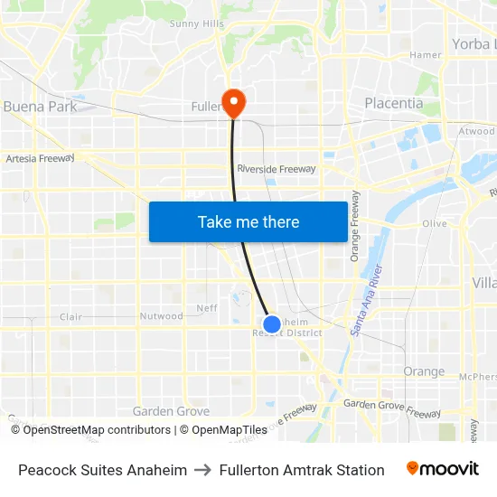 Peacock Suites Anaheim to Fullerton Amtrak Station map