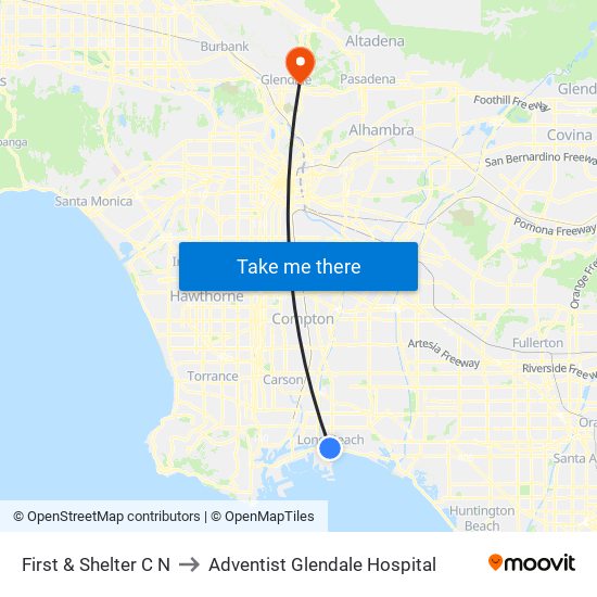 First & Shelter C N to Adventist Glendale Hospital map