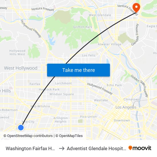 Washington Fairfax Hub to Adventist Glendale Hospital map