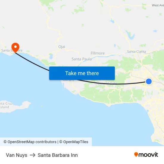 Van Nuys to Santa Barbara Inn map