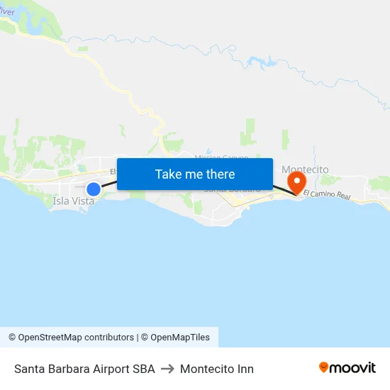 Santa Barbara Airport SBA to Montecito Inn map