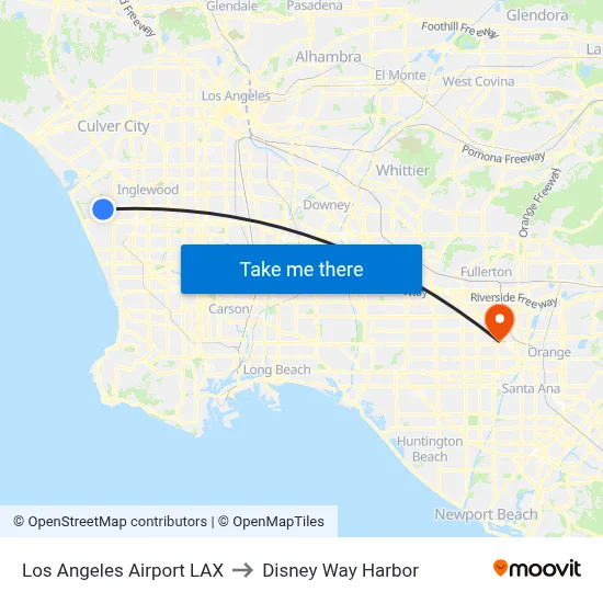 Los Angeles Airport LAX to Disney Way Harbor map