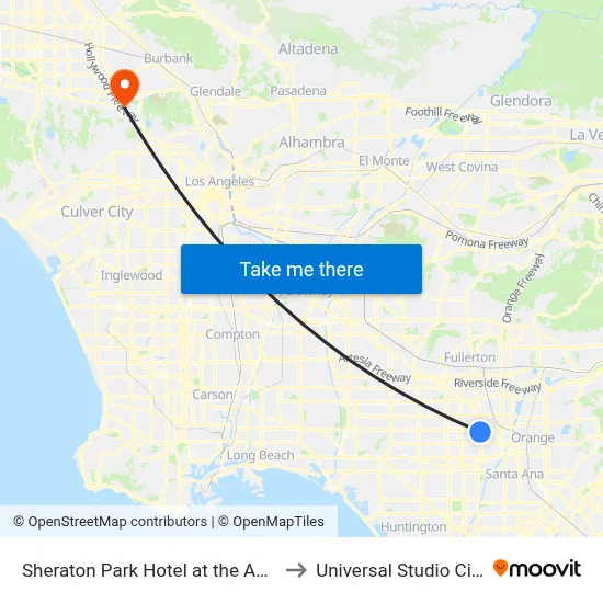 Sheraton Park Hotel at the Anaheim Resort to Universal Studio City Station map