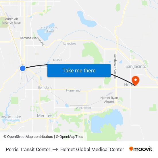 Perris Transit Center to Hemet Global Medical Center map