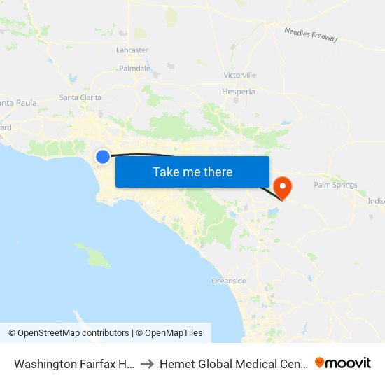 Washington Fairfax Hub to Hemet Global Medical Center map