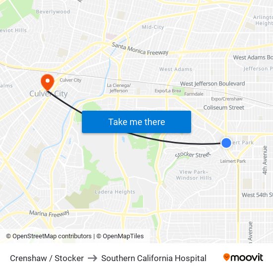 Crenshaw / Stocker to Southern California Hospital map