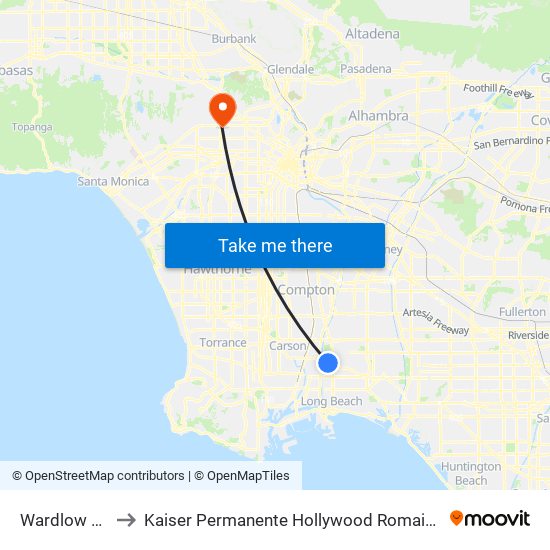 Wardlow Station to Kaiser Permanente Hollywood Romaine Medical Offices map