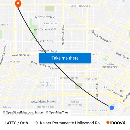 LATTC / Ortho Institute to Kaiser Permanente Hollywood Romaine Medical Offices map