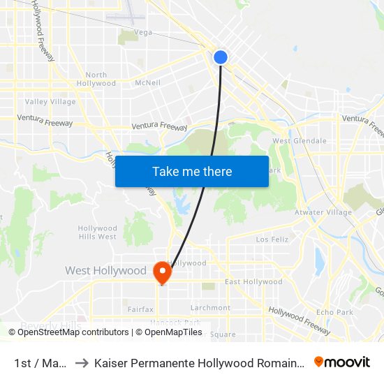1st / Magnolia to Kaiser Permanente Hollywood Romaine Medical Offices map