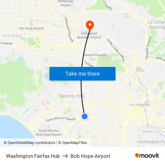 Washington Fairfax Hub to Bob Hope Airport map