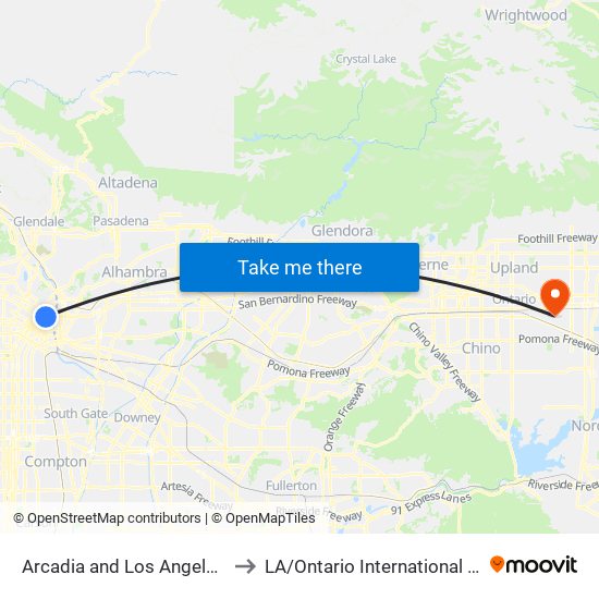 Arcadia and Los Angeles St W to LA / Ontario International Airport map