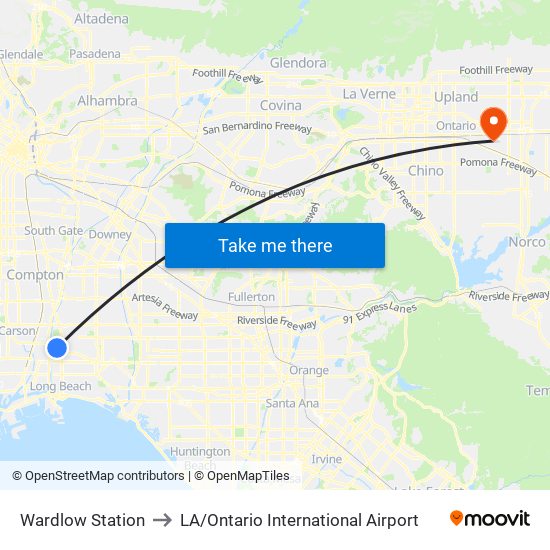 Wardlow Station to LA / Ontario International Airport map