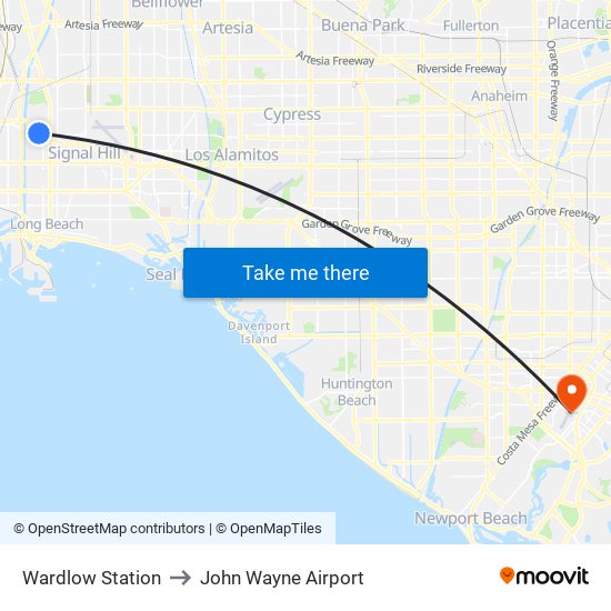 Wardlow Station to John Wayne Airport map