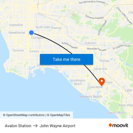 Avalon Station to John Wayne Airport map