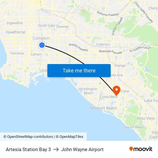 Artesia Station Bay 3 to John Wayne Airport map