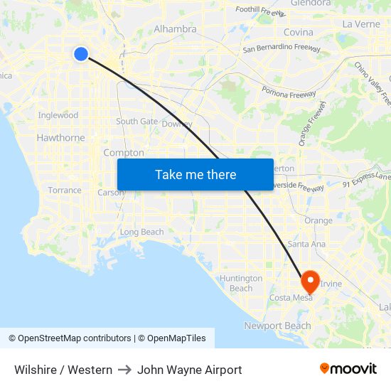 Wilshire / Western to John Wayne Airport map