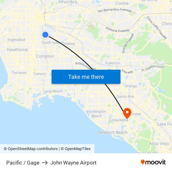 Pacific / Gage to John Wayne Airport map