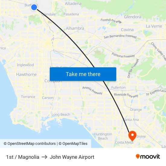 1st / Magnolia to John Wayne Airport map