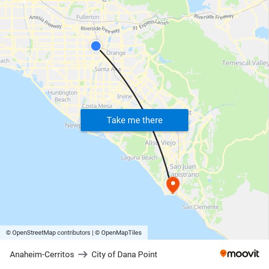 Anaheim-Cerritos to City of Dana Point map