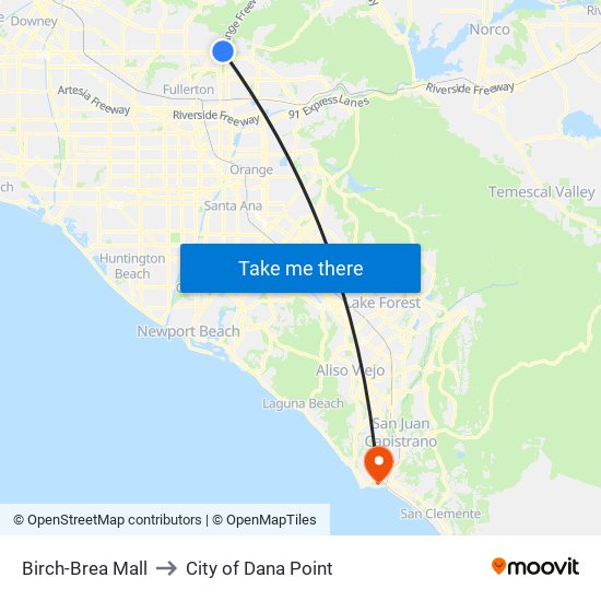 Birch-Brea Mall to City of Dana Point map