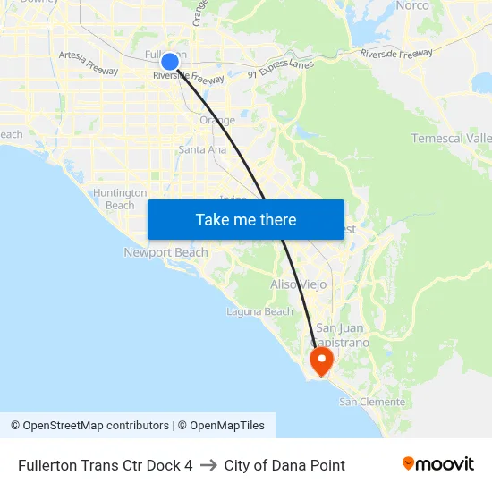 Fullerton Trans Ctr Dock 4 to City of Dana Point map