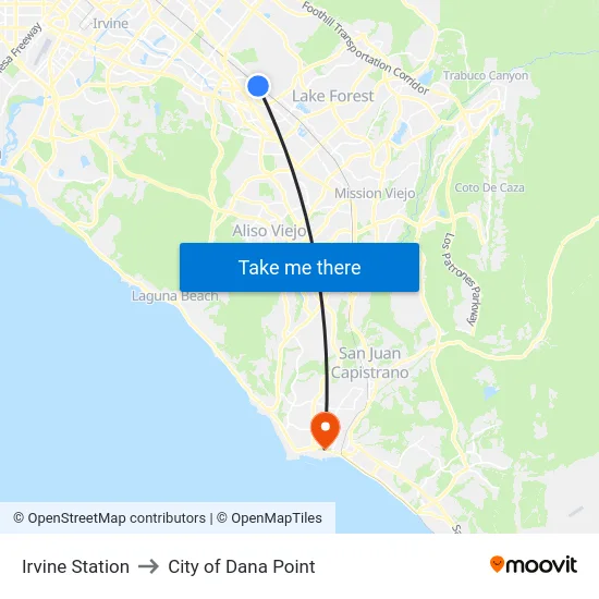 Irvine Station to City of Dana Point map