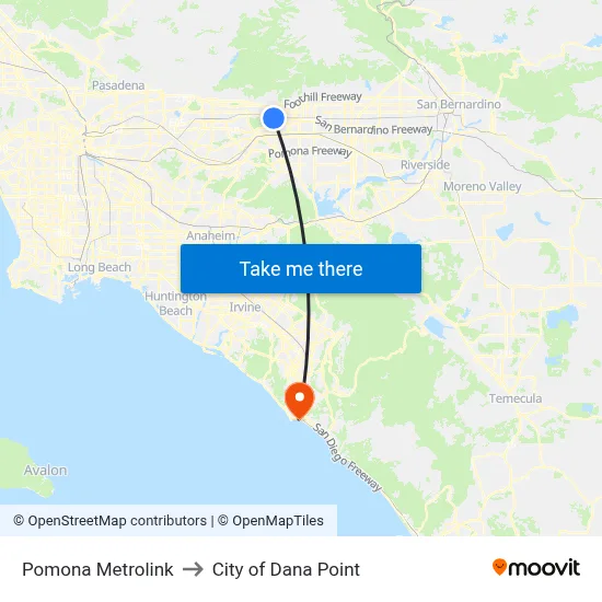 Pomona Metrolink to City of Dana Point map