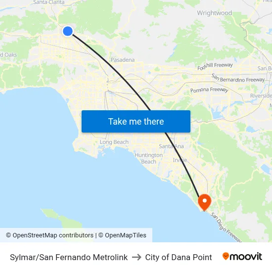 Sylmar/San Fernando Metrolink to City of Dana Point map