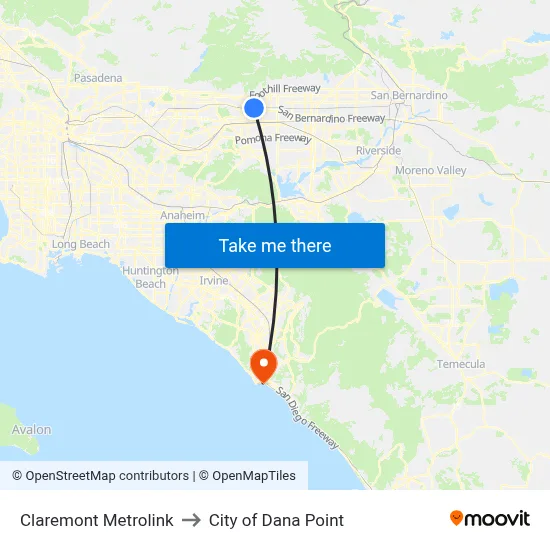 Claremont Metrolink to City of Dana Point map