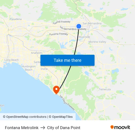 Fontana Metrolink to City of Dana Point map