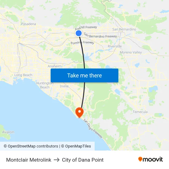 Montclair Metrolink to City of Dana Point map