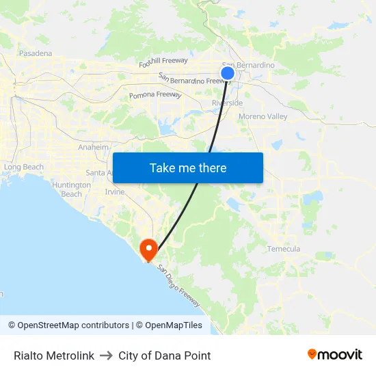 Rialto Metrolink to City of Dana Point map