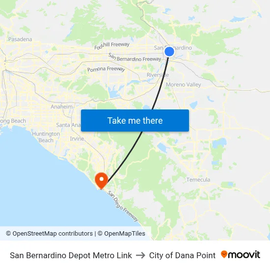 San Bernardino Depot Metro Link to City of Dana Point map